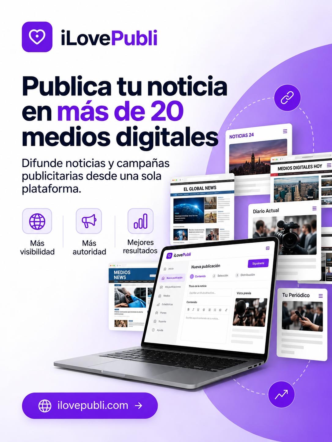 iLovePubli — Publica tu noticia en más de 20 medios digitales. Difunde noticias y campañas publicitarias desde una sola plataforma.